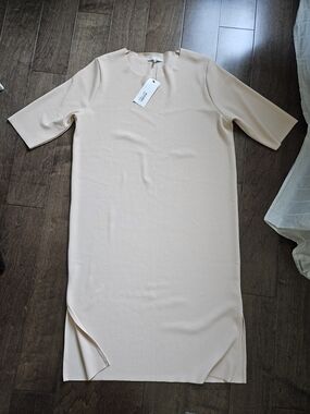 OAK + FORT Minimal Ribbed Midi Dress in Soft Beige BRAND NEW